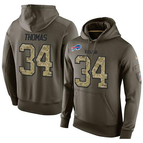 NFL Men's Nike Buffalo Bills #34 Thurman Thomas Stitched Green Olive Salute To Service KO Performance Hoodie - Click Image to Close